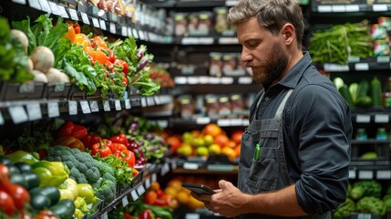 The image showcases a focused male grocery store worker in the fresh produce aisle, meticulously checking items which reflects attention to detail, responsibility, and quality service.