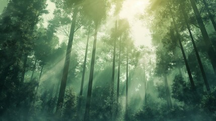 Aesthetic background of a dreamy forest scene with mist and dappled sunlight filtering through tall trees, rendered in soft, calming greens and browns.