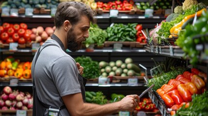 A grocery store employee manages produce shelves using a tablet, ensuring the fruits and vegetables are well-organized and appealing to customers, highlighting productivity and care.