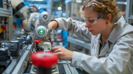 A female technician in a factory setting a robotic arm, with a red emergency stop button in the foreground