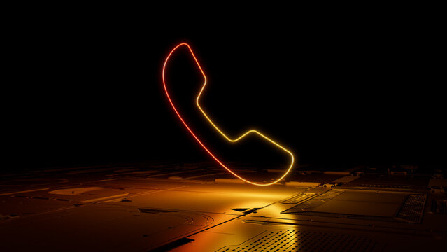 Orange and Yellow neon light phone icon. Vibrant colored Communication technology symbol, on a black background with high tech floor. 3D Render
