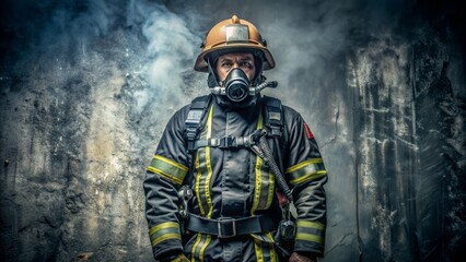 Fototapeta premium Tough, rugged, confident firefighter stands alone, clad in uniform, helmet, oxygen mask, against dark, textured wall, exuding bravery, intensity.