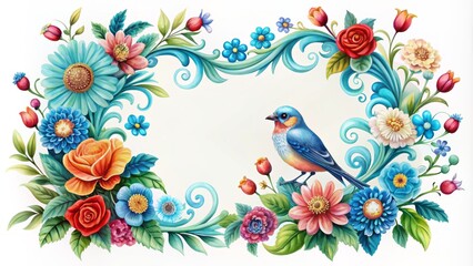 Naklejka premium Delicate blue ornate floral frame adorned with vibrant flowers and a beautiful bird perched on a curl, surrounded by negative space.