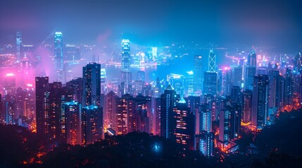 Obraz premium Dazzling Nighttime Cityscape with Vibrant Skyscrapers Lit Up in Vibrant Colors