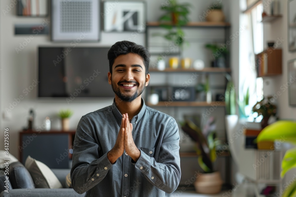 Wall mural Portrait of a joyful indian man in his 20s joining palms in a gesture of gratitude while standing against crisp minimalistic living room - Wall murals
