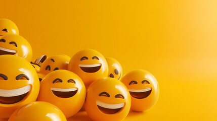 Happy emoticons 3d rendering, on side corner border, isolated yellow background