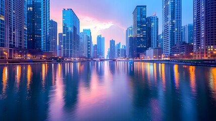 Fototapeta premium Mirrored Cityscape Reflection at Twilight Skyscrapers Illuminated in Serene Urban Landscape