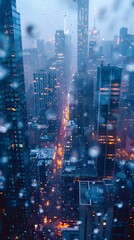 Dramatic Cityscape During Rainstorm with Tall Buildings Shrouded in Mist and Raindrops