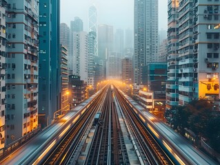 Fototapeta premium Elevated Train Ride Through the Bustling Cityscape With Towering Skyscrapers and Dynamic Urban Infrastructure