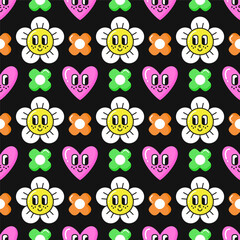 Seamless pattern of retro 90s groovy style elements. Daisy flowers, hearts with eyes and smiles background. EPS 10 vector illustration.