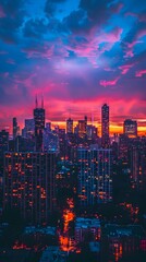 Obraz premium Vibrant Cityscape Silhouetted Against Colorful Dusk Sky with Towering Skyscrapers and Dramatic Lighting