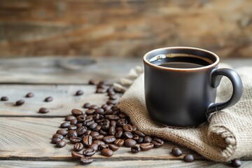A beautiful modern mug of invigorating black coffee with coffee beans on a wooden background. Place for the label. The concept of hot drinks
