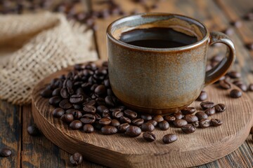 A beautiful modern mug of invigorating black coffee with coffee beans on a wooden background. Place for the label. The concept of hot drinks