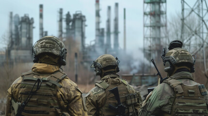 Obraz premium A group of soldiers in camouflage uniforms and helmets, armed with rifles, observing an industrial complex