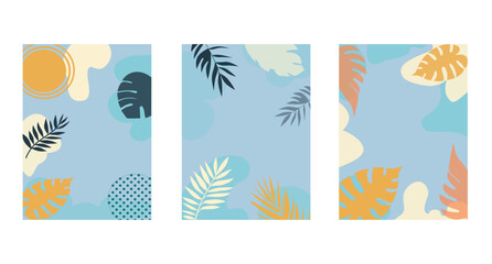 A set of three vector postcards featuring abstract tropical leaves on a light blue background. leaf shapes and colors, perfect for summer-themed invitations, greeting cards, or decorative prints. 