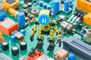 Fototapeta premium AI robot on a circuit board with components, symbolizing artificial intelligence and innovation, high tech illustration