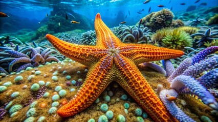 Vibrant orange starfish predator crawls on seafloor amidst coral and seaweed, exploiting vulnerable blue mussel colonies in crystal-clear waters.