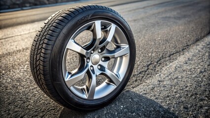High-angle view of a shiny black car wheel and tyre standing alone on a clean grey asphalt background outdoors.