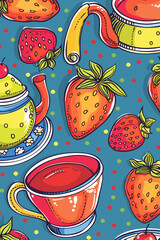 Vibrant Seamless Pattern with Bright Teapot and Cup Set featuring Strawberry-Flower Hot Tea Illustration