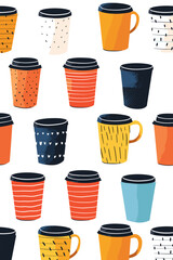 Trendy Seamless Pattern with Modern Colorful Cups in Flat Style on White Background