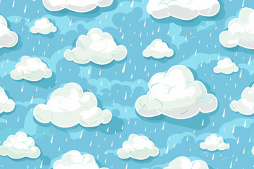 Whimsical Seamless Pattern with Fluffy Clouds and Raindrops in Cartoon Style on Blue Sky Background