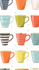 Trendy Seamless Pattern with Modern Colorful Cups in Flat Style on White Background