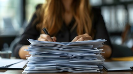 Focused woman working at a desk with papers and pen