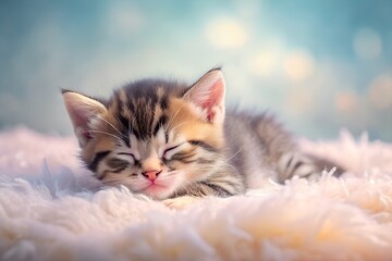 Fototapeta premium Cute sleeping baby cat on pastel backdrop