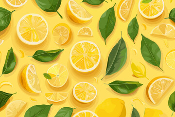 Zesty Lemon Slices and Leaves Seamless Pattern on Vibrant Yellow Background, Flat Style Vector