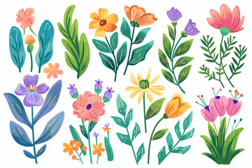 Vibrant Spring Set of Blooming Flowers and Lush Green Branches in Fresh and Lively Cartoon Style for Seasonal Design Projects