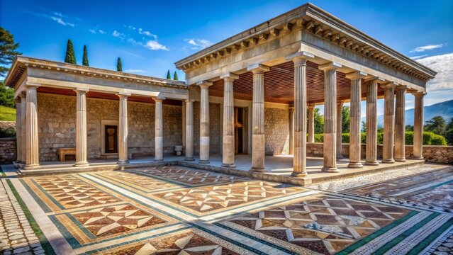 Majestic ancient Palace of Aigai in Vergina, Greece, with imposing stone columns, vibrant mosaics, and restored grandeur after 16 years.