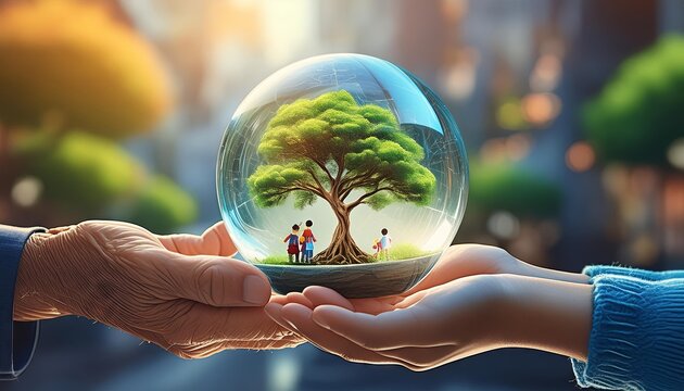 Green Energy - Elder's hand passes a crystal ball containing a tree to a child's hand. Conceptually generational passage of a green world through ecology. Generated image