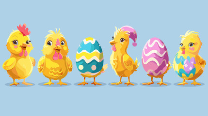 Vibrant Collection of Cheerful Yellow Chickens and Colorfully Painted Eggs in Playful Easter Cartoon Style