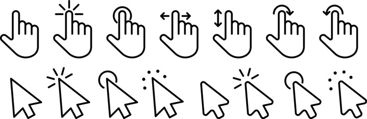 Computer mouse click cursor arrow icons set. Clicking cursor. Hand cursors icons click set. Pointer click icon. Loading icon