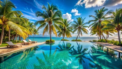 Serene tropical oasis features a pristine luxury outdoor swimming pool amidst swaying coconut palms and turquoise ocean waters under clear blue skies.