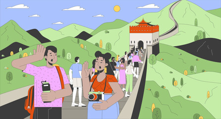 Tourists at Great Wall of China cartoon flat illustration. Multinational crowd on sightseeing tour 2D line characters colorful background. Visit famous attraction scene vector storytelling image