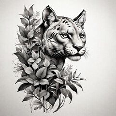 Tattoo design for upper arm. Black and white wild panther puma head with jungle forest leaves on background. Simple artwork. Pencil ink drawing.	