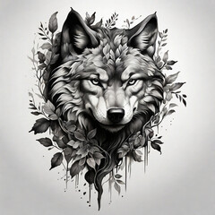 Tattoo design for upper arm. Black and white wolf head with jungle forest leaves on background. Simple artwork. Pencil ink drawing.	