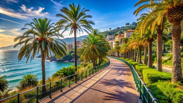 Serene winding promenade overlooking turquoise Mediterranean Sea, picturesque palm-lined boulevard, and lush green hills in sunny San Remo, Liguria, Italy.