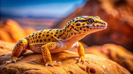 Obraz premium A lone leopard gecko perches on a rock, its vibrant yellow and brown skin glistening in a warm, desert-like environment.