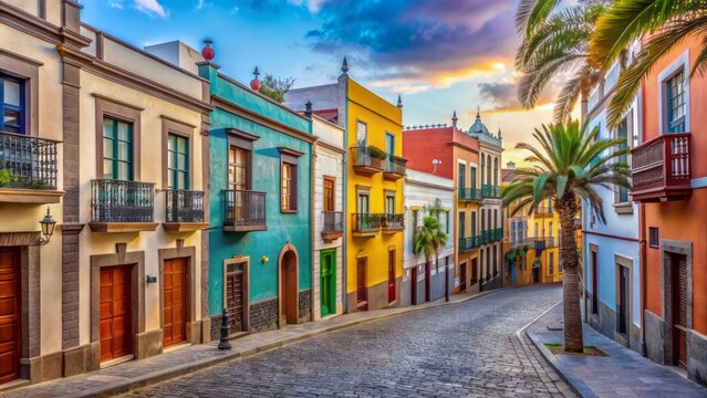 Fototapeta Vibrant pastel-colored houses line narrow cobblestone streets in picturesque Las Palmas old town residential district on Gran Canaria island.