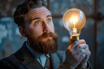 Bearded man holding light bulb