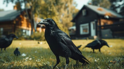 Summer homes in the background, crows scuttling across the grass.