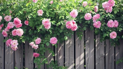 Fototapeta premium A pink rose bush in full bloom grows along a wooden fence in a residential backyard