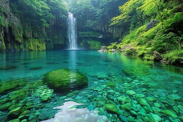 Beautiful scenery of a waterfall and a forest mountain lake landscape and nature