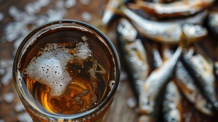 dried fish with salted in a glass of beer