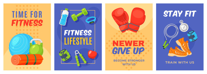 Sport elements cards. Cartoon fitness training equipment, yoga, pilates accessories, boxing gloves, running shoes, motivational text, healthy active lifestyle poster, vector flat isolated set