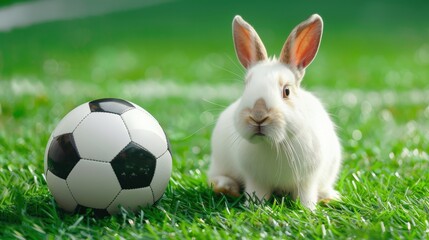 Fototapeta premium A soccer ball with a white rabbit on a green backdrop. A football match. children's hobbies. sports advancement. Location of text. Goal in football. Adorable animal hare