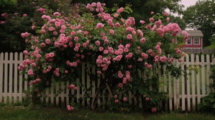 A pink rose bush in full bloom grows along a wooden fence in a residential backyard.