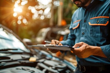 Man with clipboard by car